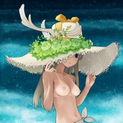 Rule 34 | 1girl, animated, animated png, antlers, bad id, bad pixiv id, blonde hair, blue eyes, breasts, breasts apart, flower, green flower, green rose, hands on headwear, haruno, hat, hat over one eye, horns, long hair, medium breasts, navel, nipples, one eye covered, original, rose, solo, straw hat, sun hat, tan, tanline, topless