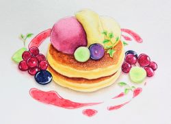 Rule 34 | berry, clover, commentary request, food, food focus, fruit, highres, ice cream, kiwi (fruit), kiwi slice, laia alkaloid, no humans, original, pancake, pancake stack, simple background, souffle pancake, strawberry syrup, sweets, traditional media, white background