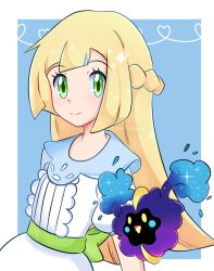 Rule 34 | 1girl, blonde hair, border, braid, closed mouth, commentary request, cosmog, creatures (company), dress, eyelashes, game freak, gen 7 pokemon, green eyes, happy, heart, highres, legendary pokemon, lillie (pokemon), long hair, looking to the side, nana-sapphy, nintendo, outside border, pokemon, pokemon (anime), pokemon (creature), pokemon journeys, short sleeves, simple background, smile, sparkle, split mouth, white border, white dress