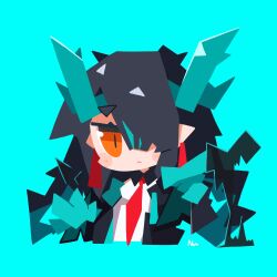 Rule 34 | 1girl, arknights, black hair, black jacket, blue background, blue hair, blush stickers, chibi, closed mouth, collared dress, cropped torso, dragon horns, dress, dusk (arknights), hair over one eye, highres, horns, jacket, long hair, multicolored hair, necktie, nuu (nu-nyu), orange eyes, pointy ears, red necktie, short eyebrows, signature, simple background, sleeveless, sleeveless dress, solo, streaked hair, thick eyebrows, upper body, white dress