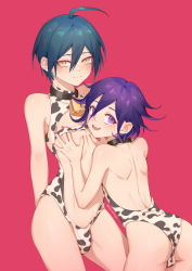 Rule 34 | 2boys, :d, absurdres, ahoge, animal print, arm behind back, artist name, ass, backless outfit, blue hair, blush, brown collar, bulge, collar, covered collarbone, cow print, danganronpa (series), danganronpa v3: killing harmony, ewa (seraphhuiyu), from behind, hair between eyes, hands on another&#039;s chest, highres, leotard, looking at viewer, looking back, male focus, multiple boys, nail polish, neck bell, oma kokichi, open mouth, pink background, pink nails, purple eyes, purple hair, revealing clothes, saihara shuichi, simple background, smile, teeth, trap, trap on trap, upper teeth only, yaoi, yellow eyes