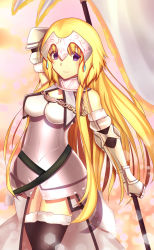 Rule 34 | arm above head, arm behind back, armor, armored dress, bad id, bad pixiv id, blonde hair, chain, fate/apocrypha, fate (series), fur-trimmed legwear, fur trim, headpiece, highres, jeanne d&#039;arc (fate), jeanne d&#039;arc (ruler) (fate), jeanne d&#039;arc (third ascension) (fate), long hair, looking at viewer, purple eyes, smile, solo, standard bearer, thighhighs, thighs, type-moon, xue fengzi