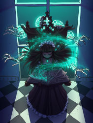 1girl, bangs, blunt bangs, book, borrowed character, bow, breasts, brown eyes, brown hair, checkered, checkered floor, chess piece, commentary, commission, detached sleeves, dress, dungeons and dragons, english commentary, eyebrows visible through hair, fantasy, floor, frilled dress, frills, glowing, hair bow, headdress, highres, instrument, king (chess), knight (chess), long dress, long hair, looking down, lying, magic, magic circle, mirror, moon, open book, original, perspective, reading, red bow, runes, sidelocks, siebe wierdsma, small breasts, standing, tile floor, tiles