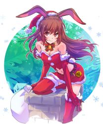 Rule 34 | 1girl, animal ears, aqua background, bag, bare shoulders, bell, belt, blush, boots, breasts, brown eyes, brown hair, chimney, christmas, cleavage, closed mouth, collarbone, dress, elbow gloves, facing viewer, faunus (rwby), floating hair, gloves, green background, happy, hat, highres, holding, holding bag, iesupa, leaning forward, leg up, long hair, looking at viewer, matching hair/eyes, medium breasts, midriff, miniskirt, navel, rabbit ears, rabbit girl, rabbit tail, red dress, red gloves, red skirt, rwby, sack, santa boots, santa costume, santa gloves, santa hat, skirt, smile, solo, standing, strapless, tail, velvet scarlatina