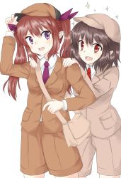 Rule 34 | 2girls, alternate costume, bag, brown hair, cabbie hat, cowboy shot, forbidden scrollery, hair ribbon, hand on headwear, hands on another&#039;s shoulders, hat, himekaidou hatate, jacket, looking at viewer, multiple girls, necktie, open mouth, pechimaru, pointy ears, purple eyes, purple necktie, red eyes, red necktie, ribbon, satchel, shameimaru aya, shameimaru aya (newsboy), shorts, simple background, sparkle, sweatdrop, touhou, twintails, white background