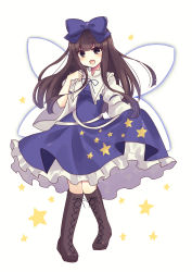 Rule 34 | 1girl, :d, absurdres, blue bow, blue dress, blunt bangs, boots, bow, brown eyes, brown footwear, cross-laced footwear, dress, fairy wings, frilled dress, frills, full body, hair bow, highres, hime cut, holding, holding clothes, holding dress, juliet sleeves, lace-up boots, long sleeves, looking at viewer, open mouth, puffy sleeves, simple background, smile, solo, standing, star (symbol), star sapphire, subaru (subachoco), thigh boots, thighhighs, touhou, white background, wings