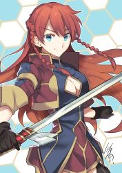 Rule 34 | 10s, 1girl, artist name, blue eyes, blush, braid, breasts, cleavage, cleavage cutout, clothing cutout, earrings, gloves, highres, jewelry, long hair, looking at viewer, medium breasts, nikame, re:creators, red hair, selesia upitiria, signature, smile, solo, sword, twin braids, weapon