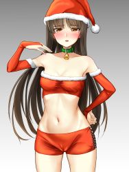 Rule 34 | 1girl, absurdres, animal collar, bad id, bad pixiv id, bell, bike shorts, blunt bangs, blush, breasts, bridal gauntlets, brown eyes, brown hair, cameltoe, choker, christmas, cleavage, collar, commentary, cowboy shot, elbow gloves, fur trim, girls und panzer, gloves, gradient background, green choker, grey background, groin, half-closed eyes, hand on own hip, hat, highres, lace-up, long hair, looking at viewer, manu lee, mature female, medium breasts, navel, nishizumi shiho, open mouth, red gloves, red hat, red shirt, santa costume, santa gloves, santa hat, shirt, short shorts, shorts, solo, standing, straight hair, strapless, tube top