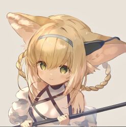 Rule 34 | 1girl, animal ears, arknights, bare shoulders, blonde hair, blue hairband, braid, braided hair rings, closed mouth, earpiece, fox ears, fox girl, grey background, hair rings, hairband, highres, holding, holding staff, looking at viewer, material growth, mgmg cc211, oripathy lesion (arknights), short hair, simple background, smile, solo, staff, suzuran (arknights), twin braids, upper body