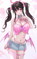 Rule 34 | 1girl, arm tattoo, bare shoulders, black hair, blue choker, blush, bow, bra, breasts, chain, choker, cleavage, collar, collarbone, crossed bandaids, demon wings, denim, denim skirt, ear piercing, finger to mouth, fingernails, frilled bra, frills, gradient background, hair ornament, hair ribbon, hairclip, halo, hand tattoo, heart, heart collar, highres, large breasts, lips, long fingernails, long hair, looking at viewer, low wings, mace, applying manicure, miniskirt, mole, mole on stomach, mole under mouth, multicolored hair, multiple piercings, nail art, nail polish, navel, navel piercing, ompf, original, piercing, pink background, pink bandaid, pink bow, pink bra, pink choker, pink eyes, pink hair, pink halo, pink nails, pink ribbon, pink theme, pink thighhighs, pink wings, pink wristband, pocket, pom pom (clothes), puckered lips, pulled by self, ribbon, single thighhigh, skirt, solo, spiked collar, spiked mace, spiked thighlet, spikes, star (symbol), star hair ornament, star piercing, stomach, streaked hair, tattoo, thigh strap, thighhighs, thighhighs pull, thighs, torn clothes, torn skirt, twintails, two-tone hair, underwear, weapon, white background, white wristband, wing piercing, wings, wristband, yume kawaii