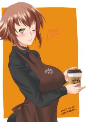 Rule 34 | 1girl, apron, artist name, black shirt, breasts, brown apron, brown hair, collared shirt, dated, flipped hair, green eyes, highres, kantai collection, kiriki haruomi, large breasts, mutsu (kancolle), one eye closed, orange background, parted lips, shirt, short hair, smile, solo, tumbler, two-tone background