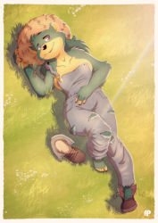 Rule 34 | 1girl, absurdres, animal ears, animal nose, areola slip, artist name, bare shoulders, bear ears, bear girl, blue eyes, body fur, border, breasts, brown footwear, brown hat, claws, collarbone, female focus, flower, fox-pop vli, from above, full body, furry, furry female, grass, green background, green fur, green hair, half-closed eyes, hand on own stomach, hand up, happy, hat, highres, knee up, light rays, long hair, looking at viewer, lying, medium breasts, mouth hold, naked overalls, no shirt, on back, open mouth, original, overalls, pocket, retro artstyle, shoes, single shoe, single strap, smile, solo, stalk in mouth, straw hat, sunlight, two-tone fur, watermark, white border, white flower, yellow fur