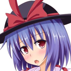 Rule 34 | 1girl, black hat, blush, bow, commentary request, gin&#039;you haru, hat, hat bow, looking at viewer, nagae iku, open mouth, portrait, profile picture, purple hair, red bow, red eyes, short hair, simple background, solo, touhou, upper body, white background