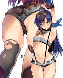 Rule 34 | 1girl, armpits, ass, bandeau, blue hair, blush, breasts, brown eyes, camouflage, camouflage shorts, cuffs, fingerless gloves, gloves, goggles, goggles on head, hinazuka ryou, idolmaster, idolmaster (classic), idolmaster million live!, kisaragi chihaya, long hair, looking at viewer, micro shorts, multiple views, navel, no panties, open fly, restrained, scarf, shorts, simple background, suspender shorts, suspenders, thighhighs, trembling, white background