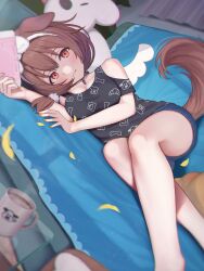 Rule 34 | 1girl, :3, absurdres, animal ears, animal print, bare shoulders, blush, bone print, breasts, brown eyes, brown hair, cleavage, couch, cup, dog ears, dog girl, dog print, dog tail, hairband, highres, hololive, hoso-inu, inugami korone, inugami korone (loungewear), long hair, looking at viewer, lying, medium breasts, nintendo switch, on side, shorts, solo, stuffed toy, tail, virtual youtuber, yukinashi