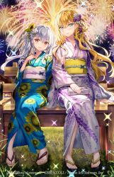 Rule 34 | 2girls, aerial fireworks, bag, bench, blonde hair, blue eyes, blue kimono, blush, breasts, character request, closed mouth, collarbone, commentary request, fireworks, floral print, flower, fujima takuya, full body, hair flower, hair ornament, handbag, japanese clothes, kagamihara azumi, kimono, large breasts, lavender (flower), light particles, long hair, looking at viewer, multiple girls, night, obi, on bench, outdoors, park bench, purple kimono, red eyes, sandals, sash, sitting, small breasts, sparkle, toes, wavy hair, white hair, yukata, z/x, zouri