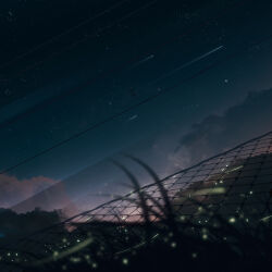 Rule 34 | absurdres, bird, chain-link fence, cloud, commentary request, dark, fence, fireflies, grass, highres, light particles, night, night sky, no humans, original, outdoors, power lines, scenery, shooting star, sky, star (sky), starry sky, y y (ysk ygc)