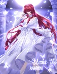 Rule 34 | 1girl, been, bow, bug, butterfly, choker, collarbone, dress, drill hair, elesis (elsword), elsword, floating hair, hair intakes, hair over one eye, holding, insect, long dress, long hair, long sleeves, looking at viewer, moon, red eyes, red hair, skirt hold, solo, standing, title, very long hair, white bow, white dress