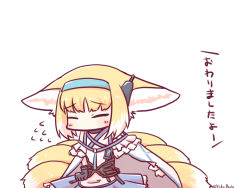 Rule 34 | 1girl, animal ear fluff, animal ears, arknights, bare shoulders, blonde hair, blue skirt, blush stickers, cape, closed eyes, female focus, flying sweatdrops, fox ears, fox girl, fox tail, kitsune, multicolored hair, pleated skirt, shirt, simple background, skirt, solo, suzuran (arknights), tail, translation request, twitter username, two-tone hair, white background, white cape, white hair, white shirt, yodo rado