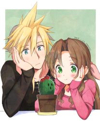 Rule 34 | 1boy, 1girl, aerith gainsborough, alternate costume, black shirt, blonde hair, blue eyes, blush, bow, brown hair, cloud strife, couple, final fantasy, final fantasy vii, green background, green eyes, hair down, hair ribbon, head on hand, jewelry, krudears, long hair, long sleeves, necklace, parted bangs, pink shirt, plant, potted plant, ribbon, sabotender, shirt, smile, spiked hair, square enix, upper body