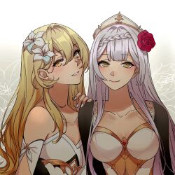 Rule 34 | 2girls, absurdres, alternate hair length, alternate hairstyle, armor, armored dress, bare shoulders, blonde hair, blush, braid, breasts, brown eyes, cleavage, closed mouth, collarbone, dress, flower, genshin impact, grey hair, hair between eyes, hair flower, hair ornament, hand on another&#039;s shoulder, highres, large breasts, long hair, looking at viewer, lumine (genshin impact), maid headdress, medium breasts, multiple girls, nail polish, noelle (genshin impact), red flower, red rose, rose, serentea, smile, upper body, white dress, white flower, yellow eyes