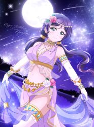 Rule 34 | 1girl, arabian clothes, artist name, artist request, bare legs, bare shoulders, blush, breasts, dancer, female focus, flower, green eyes, hair flower, hair ornament, highres, holding, holding clothes, holding skirt, jewelry, long hair, looking at viewer, love live!, love live! school idol festival, love live! school idol project, medium breasts, moon, necklace, night, night sky, parted lips, purple hair, siratama ll, skirt, sky, smile, solo, tojo nozomi, twintails