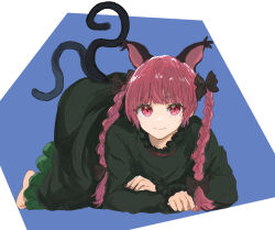 Rule 34 | 1girl, animal ears, barefoot, blue background, blunt bangs, braid, cat ears, cat tail, closed mouth, commentary, dress, extra ears, eyebrows hidden by hair, frills, full body, green dress, kaenbyou rin, kashiwada kiiho, light smile, long hair, long sleeves, looking at viewer, multiple tails, nail polish, nekomata, red eyes, red hair, red nails, simple background, solo, tail, toenail polish, toenails, top-down bottom-up, touhou, twin braids, two tails