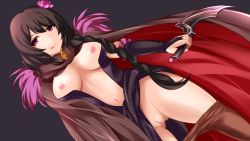 Rule 34 | 10s, 1girl, black hair, blush, braid, breasts, bridal gauntlets, cape, censored, cloak, clothes pull, dagger, elsa granhilte, flower, hair flower, hair ornament, highres, knife, large breasts, licking lips, long hair, looking at viewer, mole, mole under eye, mosaic censoring, navel, nipples, pantyhose, pantyhose pull, purple eyes, pussy, re:zero kara hajimeru isekai seikatsu, single braid, smile, solo, tongue, tongue out, two-sided cloak, two-sided fabric, weapon, yoshimo
