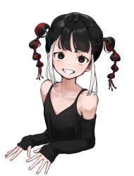 Rule 34 | 1girl, arm warmers, bare shoulders, black arm warmers, black camisole, black eyes, black hair, blunt bangs, camisole, collarbone, commentary request, cropped torso, fingernails, flat chest, grin, highres, looking at viewer, medium hair, multi-tied hair, multicolored hair, original, red hair, short eyebrows, sidelocks, simple background, smile, solo, spaghetti strap, thick eyebrows, twintails, uni no, upper body, white background, white hair