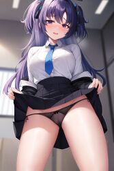 Rule 34 | 1girl, blue archive, blue necktie, bra visible through clothes, breasts, cameltoe, cleft of venus, clothes lift, collared shirt, commentary request, cowboy shot, formal, halo, highres, jacket, large breasts, lifting own clothes, miniskirt, myuu (arisumeria), necktie, off shoulder, open clothes, open jacket, panties, parted bangs, pleated skirt, purple eyes, purple hair, shirt, side-tie panties, sidelocks, skirt, skirt lift, solo, standing, suit, two-sided fabric, two-sided jacket, two side up, underwear, white shirt, yuuka (blue archive)