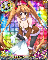 Rule 34 | 1girl, bag, bare shoulders, blush, breast hold, breasts, card (medium), character name, chess piece, christmas, fake antlers, high school dxd, large breasts, long hair, looking at viewer, official art, orange hair, purple eyes, rook (chess), shidou irina, solo, trading card, twintails, very long hair