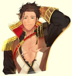 Rule 34 | 1boy, absurdres, arm behind head, bara, bare pectorals, body hair, brown hair, chest hair, claude von riegan, cropped torso, dirty, dirty face, epaulettes, fire emblem, fire emblem heroes, green eyes, hairy, highres, jacket, large pectorals, long sleeves, looking at viewer, male focus, military, military uniform, muscular, muscular male, nintendo, nipples, open clothes, open jacket, pectorals, short hair, sideburns, smile, solo, toned, toned male, torn clothes, torn jacket, uniform, zhineart