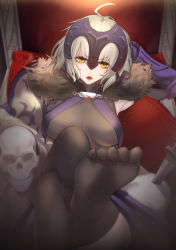 Rule 34 | 1girl, absurdres, ahoge, bare shoulders, breasts, breasts apart, crossed legs, dagger, fate/grand order, fate (series), feet, foot focus, fur trim, gauntlets, headpiece, highres, jeanne d&#039;arc (fate), jeanne d&#039;arc alter (avenger) (fate), jeanne d&#039;arc alter (fate), knife, kuro saki, large breasts, leaning back, looking at viewer, md5 mismatch, open mouth, platinum blonde hair, red lips, resolution mismatch, sitting, skull, solo, source smaller, weapon, yellow eyes