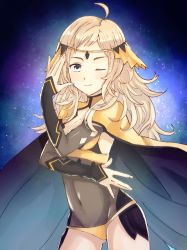 Rule 34 | 1girl, ahoge, bad id, bad twitter id, blonde hair, blue eyes, breasts, cape, center opening, circlet, cleavage, closed mouth, covered navel, fire emblem, fire emblem fates, highres, long hair, looking at viewer, medium breasts, nagisa fe, night, night sky, nintendo, one eye closed, ophelia (fire emblem), sky, smile, solo, standing, star (sky)