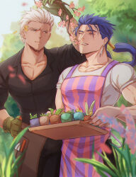 Rule 34 | 2boys, apron, archer (fate), arm up, black shirt, blurry, blurry foreground, branch, closed mouth, collarbone, commentary, cu chulainn (fate), earrings, english commentary, fate/grand order, fate (series), flower, gloves, grass, gravesecrets, green gloves, grey eyes, hair flower, hair ornament, hand on own hip, highres, holding, holding tray, jewelry, long hair, looking at another, male focus, mature male, multiple boys, muscular, muscular male, one eye closed, outdoors, pectoral cleavage, pectorals, pink flower, plant, ponytail, potted plant, red eyes, shirt, striped apron, striped clothes, t-shirt, tan, teeth, tray, upper teeth only, white hair, white shirt