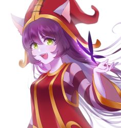 Rule 34 | 1girl, animal ears, bug, butterfly, dress, ears through headwear, fang, green eyes, grey background, hat, highres, insect, league of legends, long hair, long sleeves, looking at viewer, lulu (league of legends), purple hair, red dress, red hat, sella 423, simple background, smile, solo, striped clothes, striped sweater, sweater, upper body, yordle