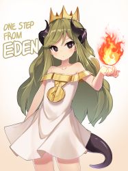 Rule 34 | 1girl, bare shoulders, black eyes, character request, collarbone, commentary request, crop top, curled horns, darnell, dragon girl, dragon horns, dragon tail, dress, fire, green hair, highres, horns, korean commentary, long hair, off-shoulder dress, off shoulder, one step from eden, parted bangs, solo, tail, very long hair, white dress