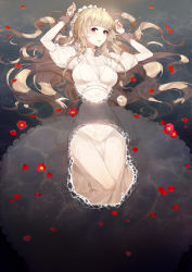 Rule 34 | 00suger001, 1girl, absurdres, blonde hair, blush, braid, breasts, camellia, dress, flower, highres, large breasts, lips, long hair, looking at viewer, maid cap, original, partially submerged, petals, red eyes, sidelocks, solo, twin braids, water, white dress, wrist cuffs