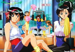 Rule 34 | 1990s (style), 5girls, arm up, bendy straw, black eyes, black hair, blue leotard, blush, brown hair, constricted pupils, cropped shirt, cup, drink, drinking, drinking straw, exercising, closed eyes, full-face blush, hairband, headband, high ponytail, holding, holding towel, idol boueitai hummingbird, leg warmers, leotard, looking at viewer, multiple girls, non-web source, official art, open mouth, parted lips, pom pom (cheerleading), red hair, red leotard, retro artstyle, shirt, sitting, sleeves rolled up, standing, sweat, tied shirt, toreishi kanna, toreishi mina, toreishi satsuki, toreishi uzuki, toreishi yayoi, towel, wardrobe malfunction, weight machine, white shirt, wristband