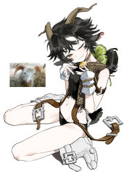 Rule 34 | 1girl, absurdres, animal ears, bell, black hair, black panties, closed mouth, goat ears, goat girl, goat horns, goat tail, half-closed eyes, hands up, highres, horns, looking at viewer, medium hair, navel, neck bell, one eye closed, original, panties, personification, seeshin see, sitting, smile, solo, underwear, wariza, white footwear, yellow eyes