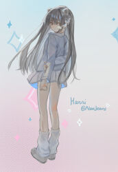 Rule 34 | 1girl, animification, arms behind back, black hair, brown eyes, catzz, character name, copyright name, frown, grey footwear, grey jacket, grey leg warmers, grey skirt, hanni (newjeans), heart, holding own arm, jacket, k-pop, long hair, looking at viewer, looking back, newjeans, real life, scouter, skirt, solo, sparkle, very long hair