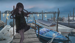 Rule 34 | 1girl, black jacket, black skirt, blush, boat, brown eyes, brown hair, catzz, closed mouth, expressionless, highres, jacket, jewelry, long hair, looking at viewer, necklace, night, ocean, original, outdoors, pleated skirt, scenery, skirt, solo, standing, watercraft, wavy hair