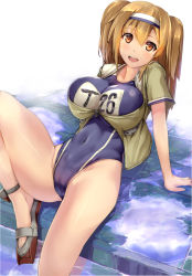 Rule 34 | 10s, 1girl, arm support, armadillo-tokage, bad id, bad pixiv id, blush, breasts, brown eyes, covered erect nipples, hairband, i-26 (kancolle), kantai collection, large breasts, light brown hair, long hair, looking at viewer, name tag, new school swimsuit, one-piece swimsuit, open mouth, sailor collar, sandals, school swimsuit, short sleeves, sitting, smile, solo, swimsuit, swimsuit under clothes, two-tone hairband, two side up, water, zipper