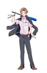 Rule 34 | 1boy, baseball bat, belt, black ribbon, blue eyes, brown footwear, brown hair, cross, cross necklace, full body, hand in pocket, highres, holding, holding baseball bat, jacket, jacket on shoulders, jewelry, looking at viewer, male focus, necklace, pocket, ribbon, scar, scar on face, shirt, short sleeves, simple background, standing, suna yaro, white background, white shirt, wrist ribbon