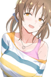 Rule 34 | 1girl, blush, breasts, brown hair, collarbone, heart, heart necklace, highres, idolmaster, idolmaster cinderella girls, jewelry, large breasts, looking at viewer, necklace, shirt, sidelocks, simple background, single bare shoulder, solo, striped clothes, striped shirt, sweatdrop, totoki airi, twintails, unu (unucence), upper body, white background