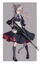 Rule 34 | &gt;:(, 1girl, animal ear fluff, animal ears, apron, black bow, black dress, black footwear, black gloves, bow, breasts, brown eyes, brown hair, cat ears, cat girl, cat tail, closed mouth, commentary request, dragunov svd, dress, ear piercing, eyes visible through hair, fingerless gloves, frilled apron, frills, full body, gloves, grey background, grey socks, gun, hair over one eye, highres, holding, holding gun, holding weapon, kneehighs, light frown, maid, mary janes, medium breasts, mole, mole under eye, nekozuki yuki, original, piercing, pleated skirt, puffy short sleeves, puffy sleeves, rifle, scope, shoes, short sleeves, skirt, sniper rifle, socks, solo, standing, tail, twitter username, two-tone background, v-shaped eyebrows, weapon, white apron, white background