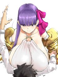 Rule 34 | 1boy, 1girl, arms at sides, arms up, bare shoulders, black hair, blush, breast rest, breast smother, breasts, closed mouth, collarbone, face to breasts, fate/extra, fate/extra ccc, fate/grand order, fate (series), fujimaru ritsuka (male), gauntlets, gigantic breasts, gk (go4161), hair ribbon, halterneck, hetero, highres, long hair, looking at another, looking down, lying, o-ring, o-ring top, on back, passionlip (fate), pink eyes, pink ribbon, purple hair, ribbon, short hair, simple background, smile, solo focus, trembling, upper body, white background