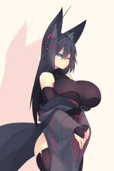 Rule 34 | 1girl, animal ear fluff, animal ears, black gloves, black hair, black thighhighs, blue eyes, blue kimono, breasts, breasts squeezed together, bridal gauntlets, closed mouth, cowboy shot, ear piercing, elbow gloves, fox ears, fox tail, from side, gloves, glowing, glowing eyes, hair between eyes, hair ornament, hairclip, hairpin, half-closed eye, highres, huge breasts, japanese clothes, kimono, kiri (sub-res), large tail, long hair, notched ear, off shoulder, one eye closed, original, piercing, solo, standing, sub-res, tail, thighhighs, zoom layer