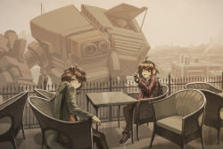 Rule 34 | 2girls, :d, :|, ahoge, black footwear, brown eyes, brown hair, chair, cityscape, closed mouth, day, expressionless, goggles, goggles around neck, green hoodie, hair ornament, hairclip, headset, highres, hood, hood down, hoodie, jacket, long sleeves, looking at viewer, mecha, medium hair, multiple girls, open clothes, open jacket, open mouth, original, railing, red jacket, robot, science fiction, shoes, short hair, sitting, smile, sneakers, v, zhaoyuan pan