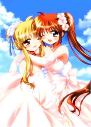 Rule 34 | 00s, 2girls, bare shoulders, blonde hair, blush, bow, breasts, bride, brown hair, carrying, cleavage, cloud, day, dress, elbow gloves, fate testarossa, flower, gloves, gown, hair flower, hair ornament, hair ribbon, jewelry, long hair, lyrical nanoha, mahou shoujo lyrical nanoha strikers, medium breasts, multiple girls, nanashiki, necklace, one eye closed, open mouth, pendant, princess carry, purple eyes, red eyes, ribbon, rose, side ponytail, sky, takamachi nanoha, wedding, wedding dress, white dress, wife and wife, yuri
